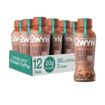 OWYN Double Shot Protein Coffee Shake, Caramel Macchiato, 20g Plant-Based Protein, 180mg Caffeine, 12 Fl Oz (Pack of 12)