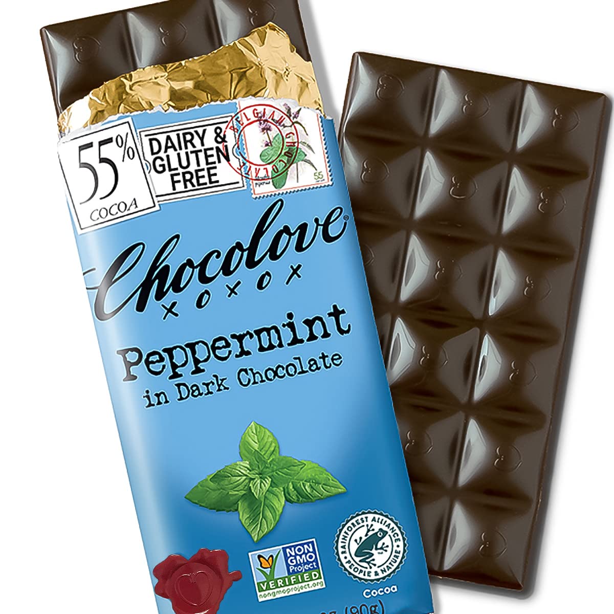 Chocolove Dark Chocolate Peppermint Bars, 55% Cacao, 6 Count, Non-GMO, Rainforest Alliance Certified, 3.2oz Each