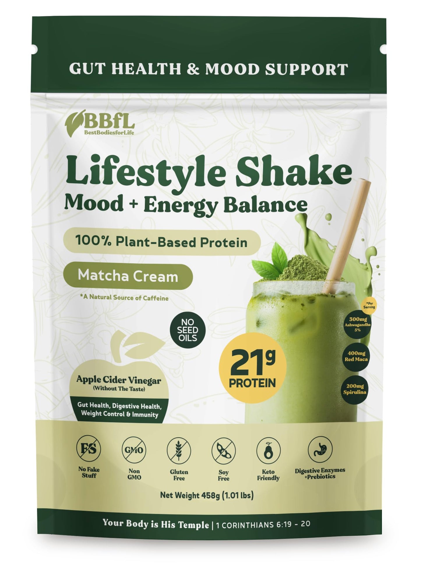 BBfL Plant-Based Protein Shake – 21g Vegan Protein, Matcha + Apple Cider Vinegar, 15 Servings