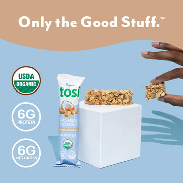 Tosi Cashew Coconut Protein Bars, Plant Based With Nuts, Gluten-Free Crunchy Snacks, Vegan, Organic, Flax & Chia Seeds, Soy-Free