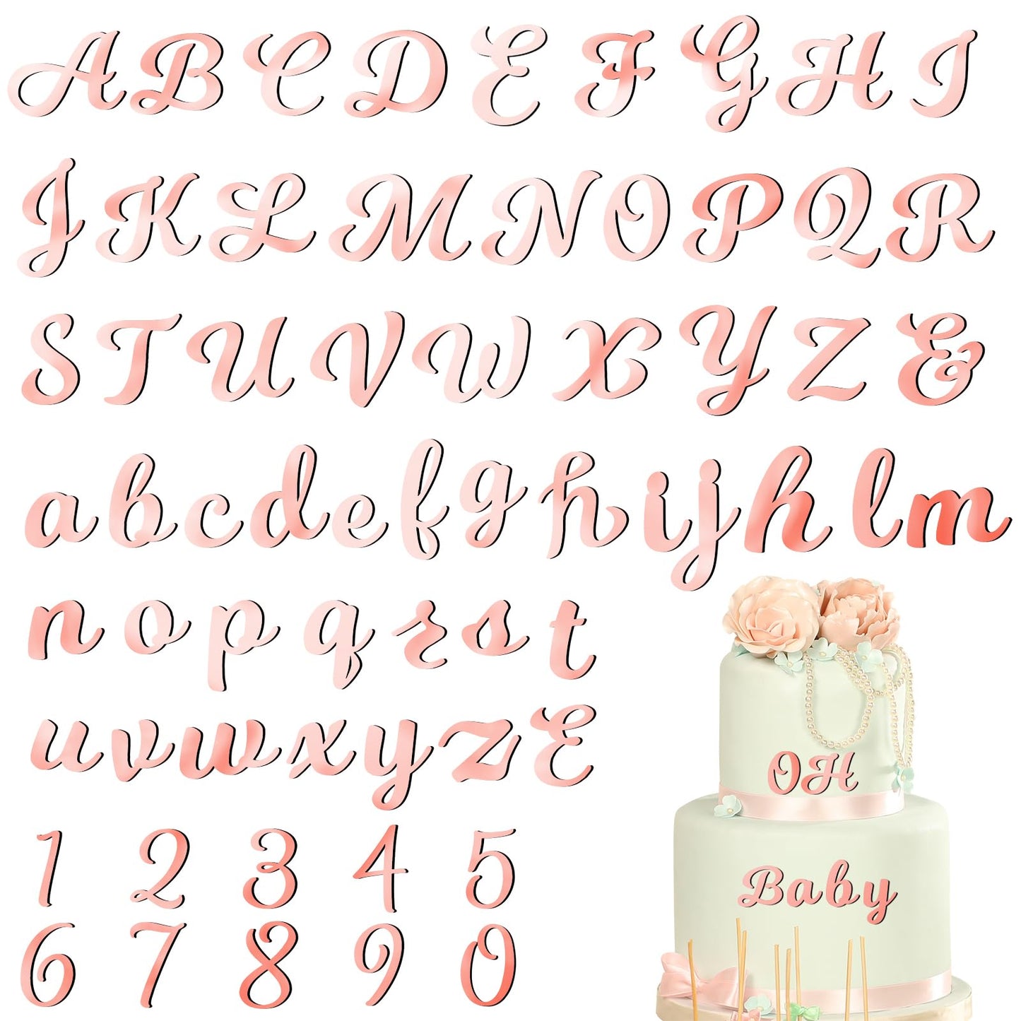 Jspupifip 64Pcs Rose Gold Acrylic Cake Topper, Glitter Numbers & Alphabet Decor, Personalized Cake Picks For Anniversary, Baby S