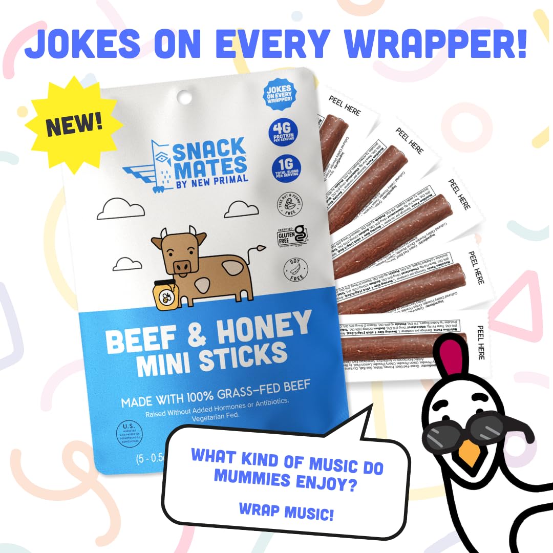 New Primal Snack Mates Beef & Honey Sticks  Healthy Snacks for Kids  Low Sugar High Protein Back to School Snacks  Gluten Free  Mini Jerky Meat Stick  4g Protein  50 Calories  15 Pack