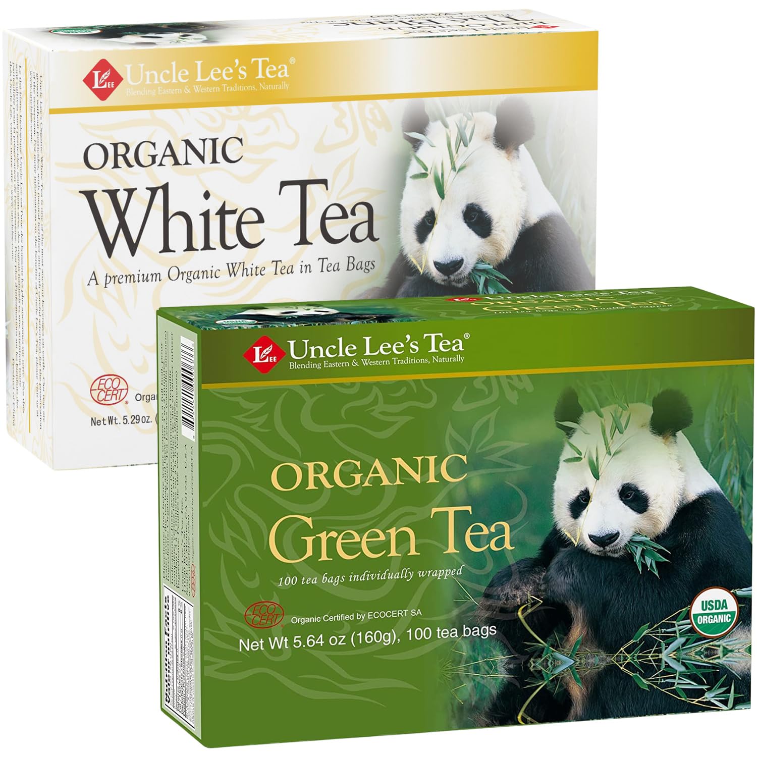 Uncle Lees Organic Green Tea & White Tea Bundle, Antioxidant-Rich, 100 Count Each, Pack of 2