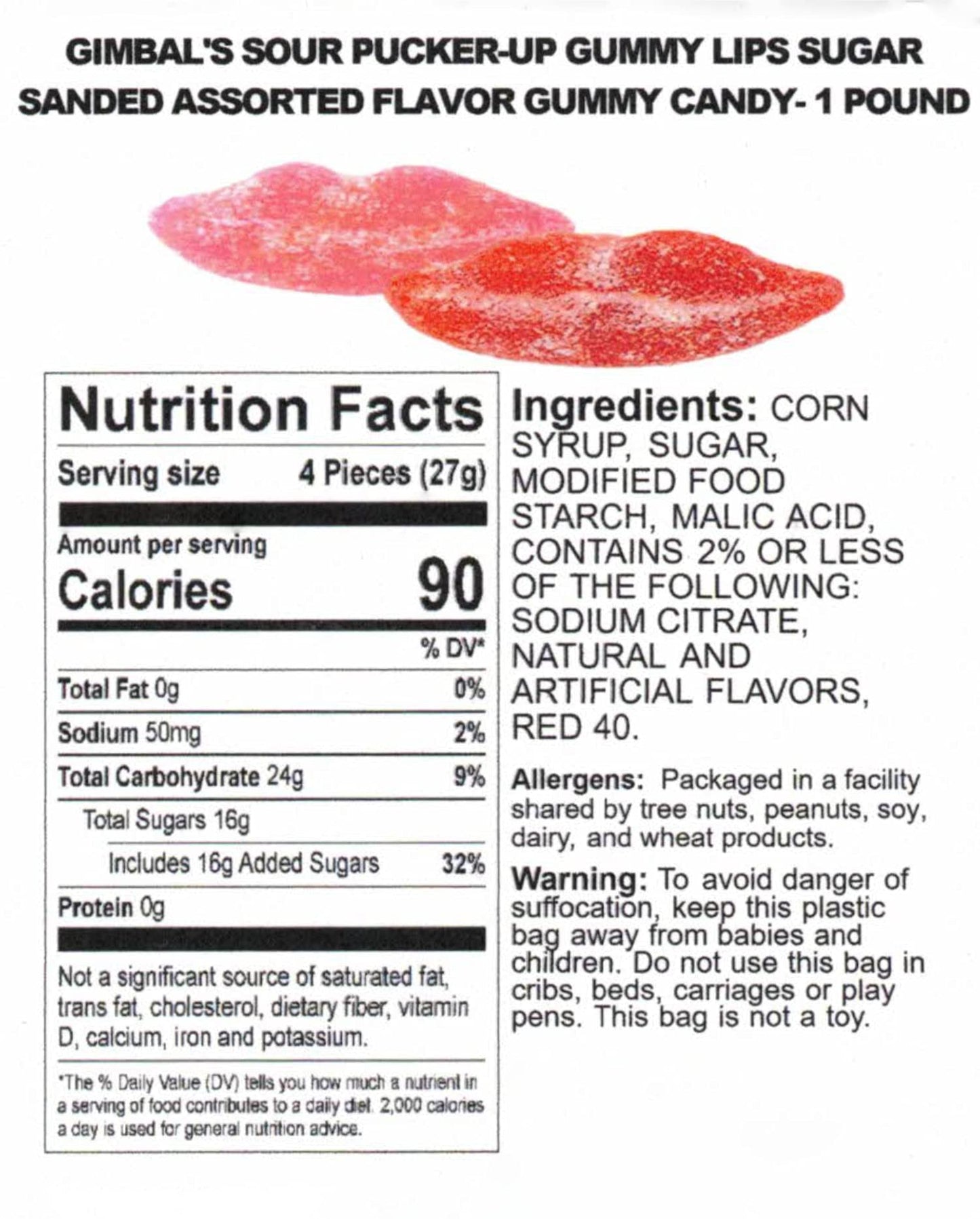 Gimbal'S Fine Candies Sour Pucker-Up Gummy Lips, 1 Lb, 68 Pieces, Assorted Flavors