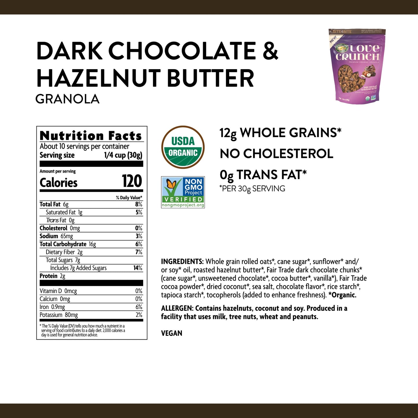 Love Crunch Organic Dark Chocolate & Hazelnut Butter Granola, 10.6 Oz (Pack Of 1), Non-Gmo, Fair Trade, By Natures Path