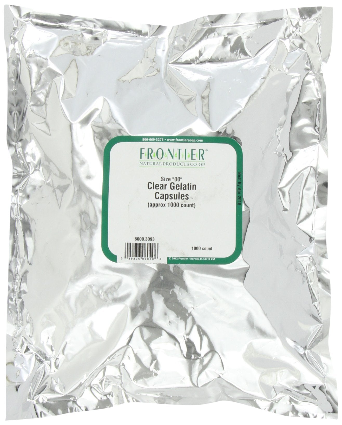 Frontier Co-op Gelatin Capsules Clear 00 - 1000 Count, Model 6000, Vegetarian-Friendly