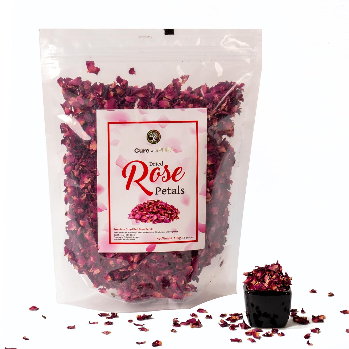 Cure Wid Pure Organic Dried Rose Petals, Food-Grade Edible, 4 oz, Non-GMO, Gluten-Free, Muted Red & Brown, Resealable Bag