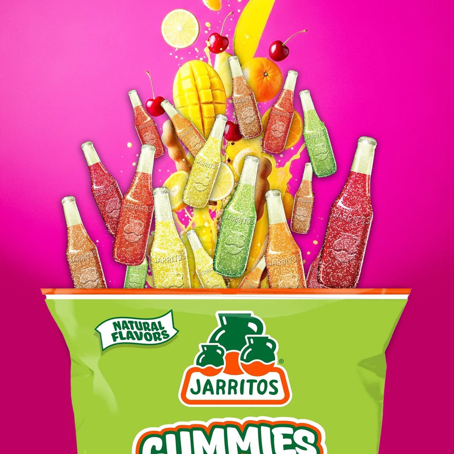 Jarritos Sour Gummies Candy - 4 Pack of Mexican Candies with Natural Flavors - 2 Sour & 2 Original Bags - 6 Fruity Flavors - Tan