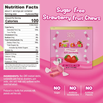 Choczero Sugar Free Strawberry Fruit Chews, Keto, Vegan, All Natural, Soft And Chewy Low Carb Candy, 3.5 Ounce Box (Pack Of 1)