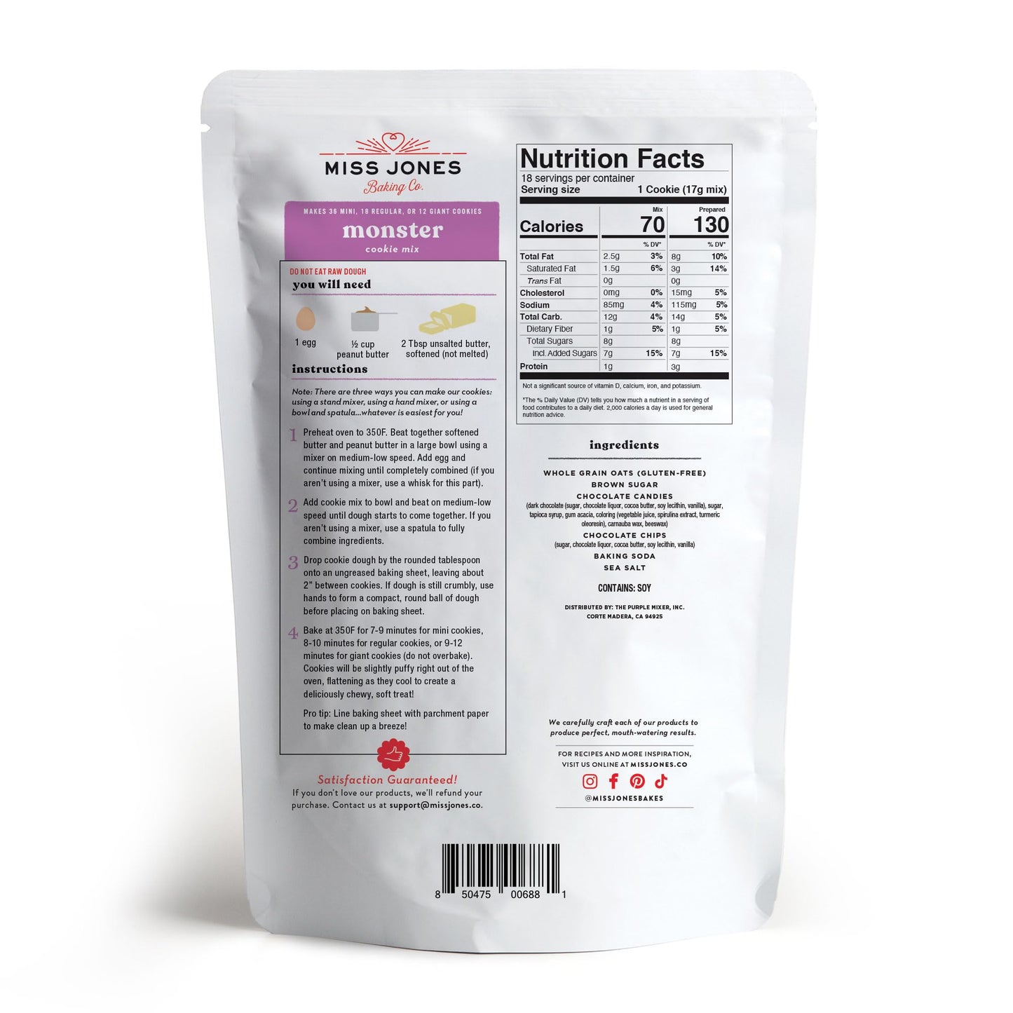 Miss Jones Baking Monster Cookie Mix - Certified Gluten Free & Made With 100% Oats, Easy To Bake Desserts & Treats, No Artificial Colors, 10.57 Ounce (Pack Of 6)