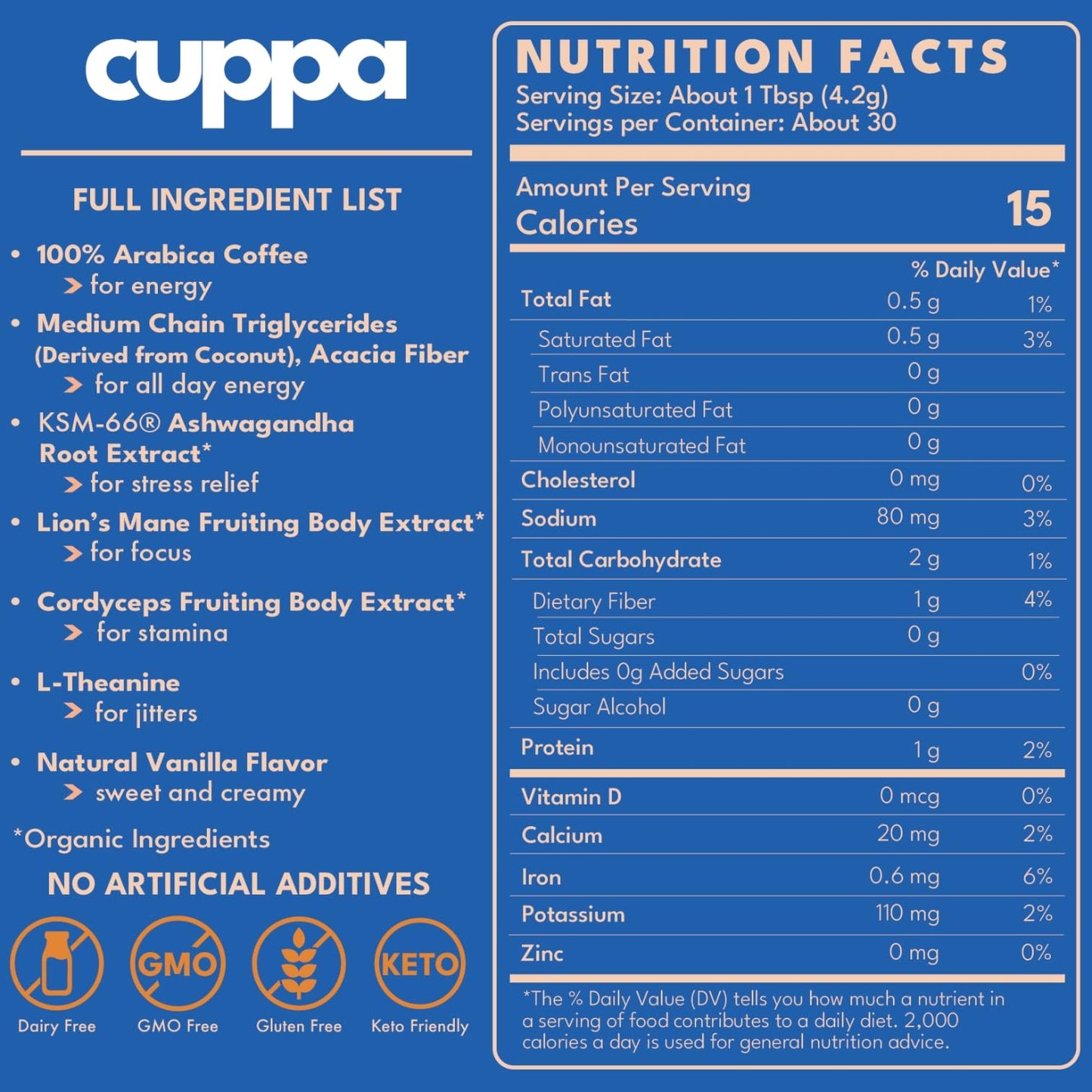 Cuppa French VanillaHealthy Mushroom Instant Coffee with Lions Mane & Ashwagandha for All Day Energy & Focus - No Crash or Jitters - Nootropics for Brain Health  Gut Health  Immunity  Stress  Memory + Mood - 30 Servings