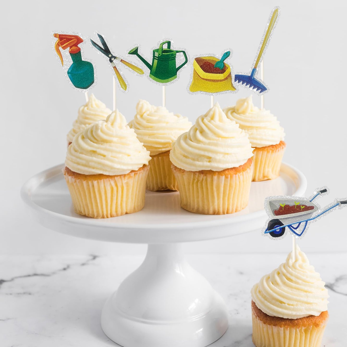 Mefeng 18Pcs Garden Theme Cupcake Topper, Gardening Tool Summer Party Dessert Cupcake Decorations - Spring Theme Party Decor -Fo