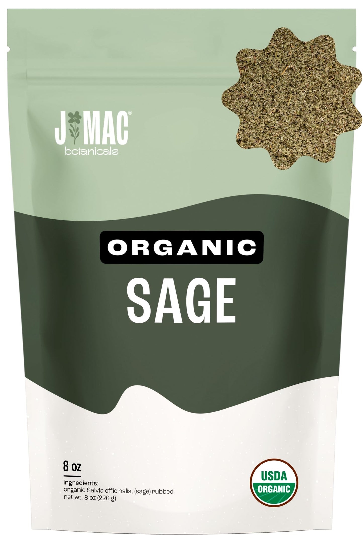 J Mac Botanicals  Organic Rubbed Sage (8 Oz)  Certified Usda Organic  Dried Rubbed Sage Leaf. Culinary Grade-Excellent For Sausage Making  Fresh Albanian Harvest