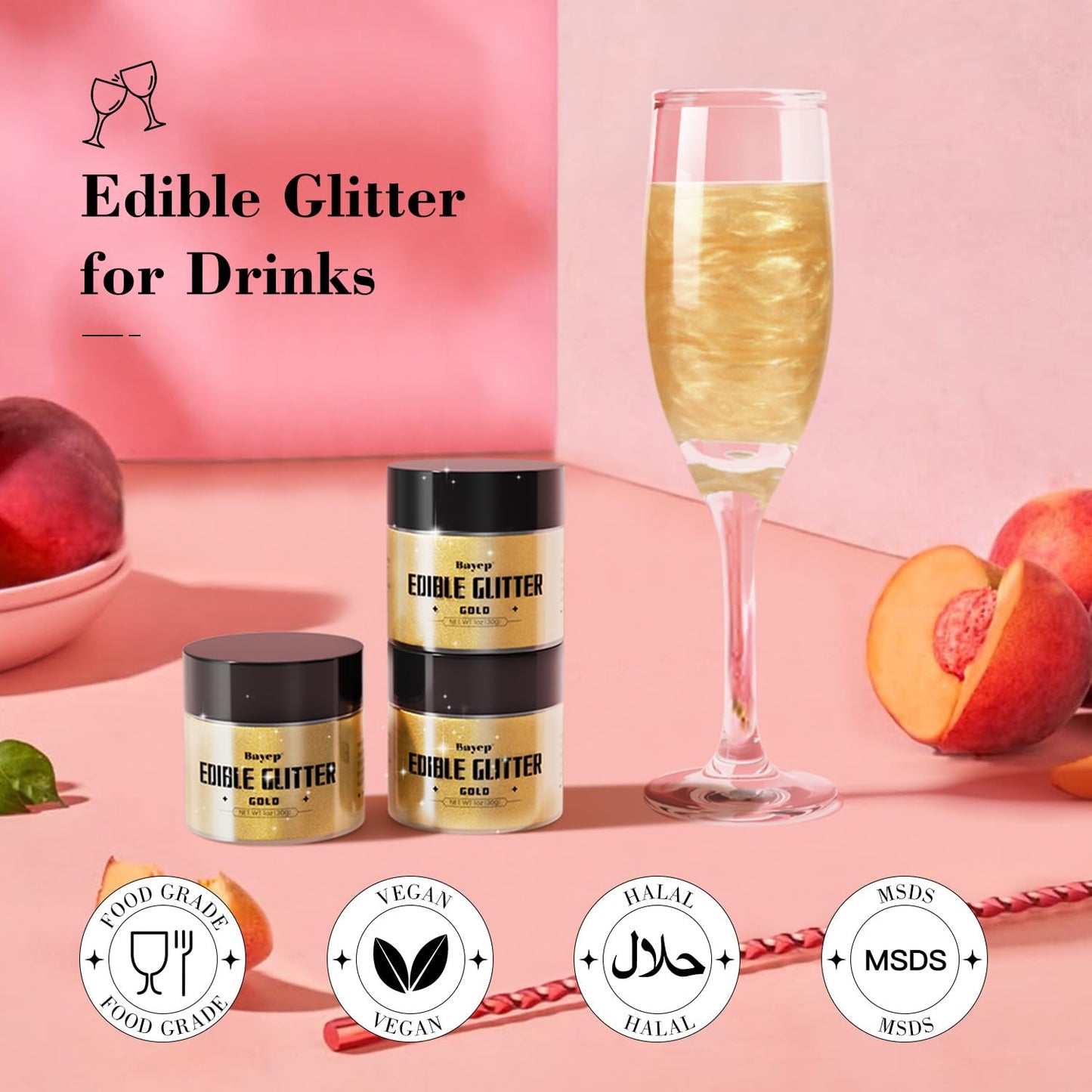 bayep Shimmer Gold Edible Glitter for Drinks & Cakes, 30g Luster Dust, Party Supplies