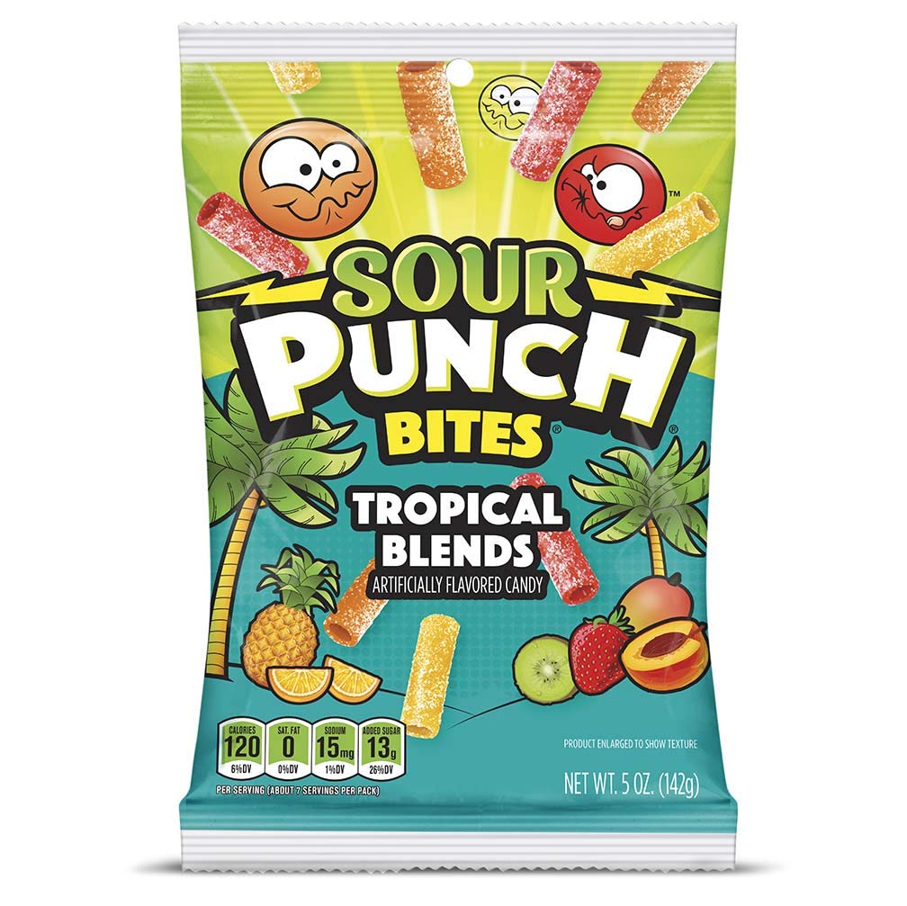 Sour Punch Bites, Tropical Fruit Flavors, Soft & Chewy Sour Candy, 5oz Bag (12 Pack)