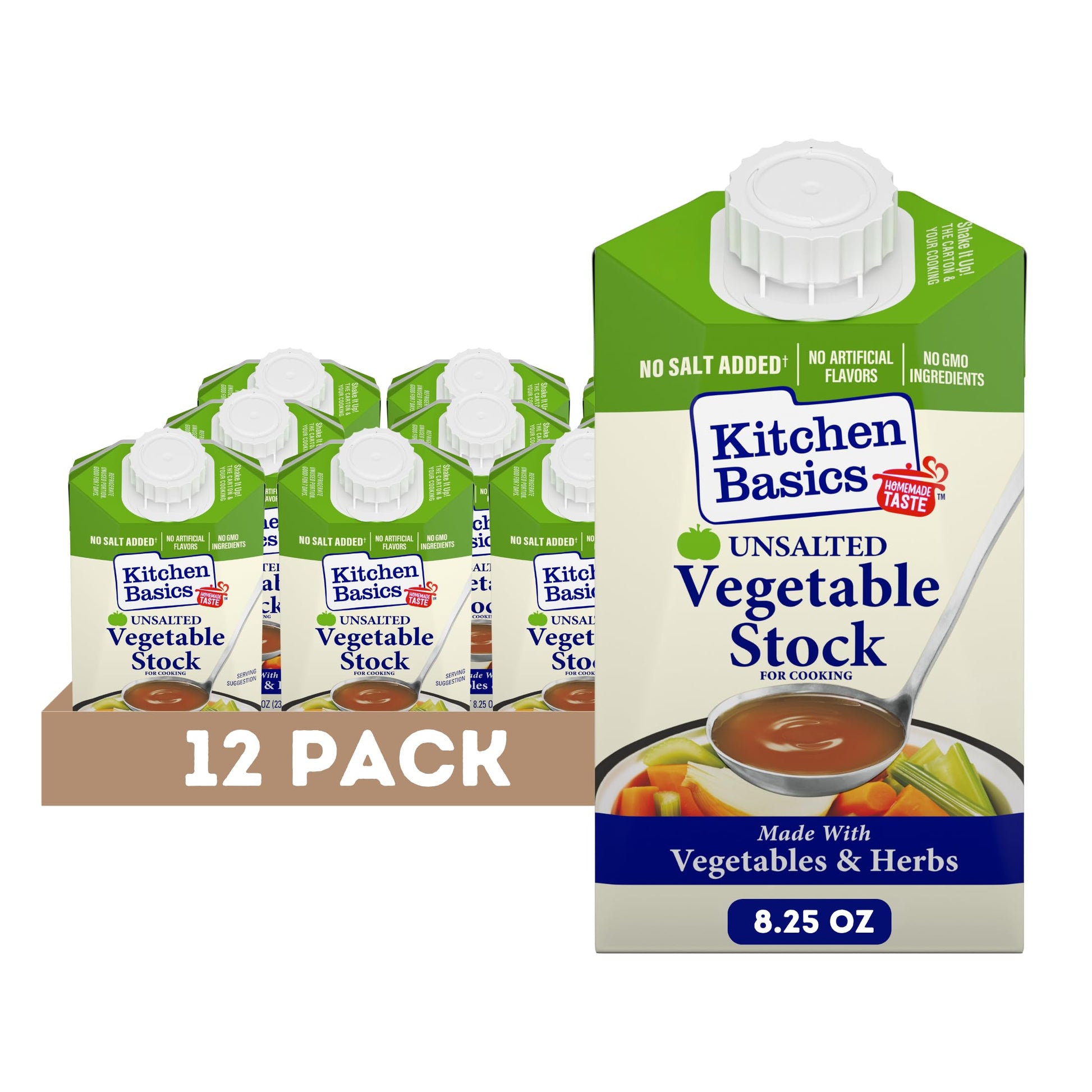 Kitchen Basics Unsalted Vegetable Stock, 8.25 oz Carton, Pack of 12, Model 611443320282