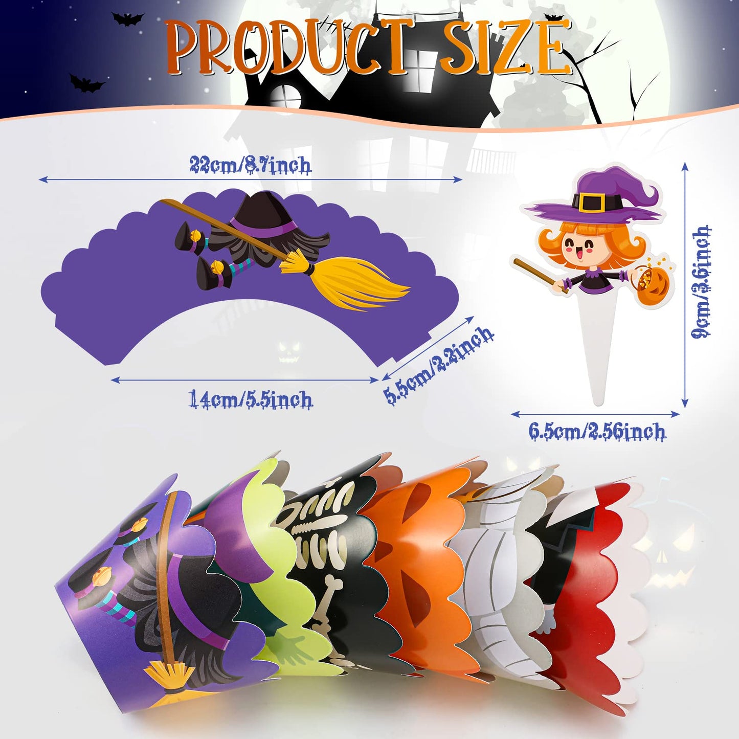 Fumete 72 Pcs Halloween Cupcake Toppers Party Cake Toppers Wrappers Pumpkin Vampire Witch Cupcake Toppers Halloween Cupcake Line