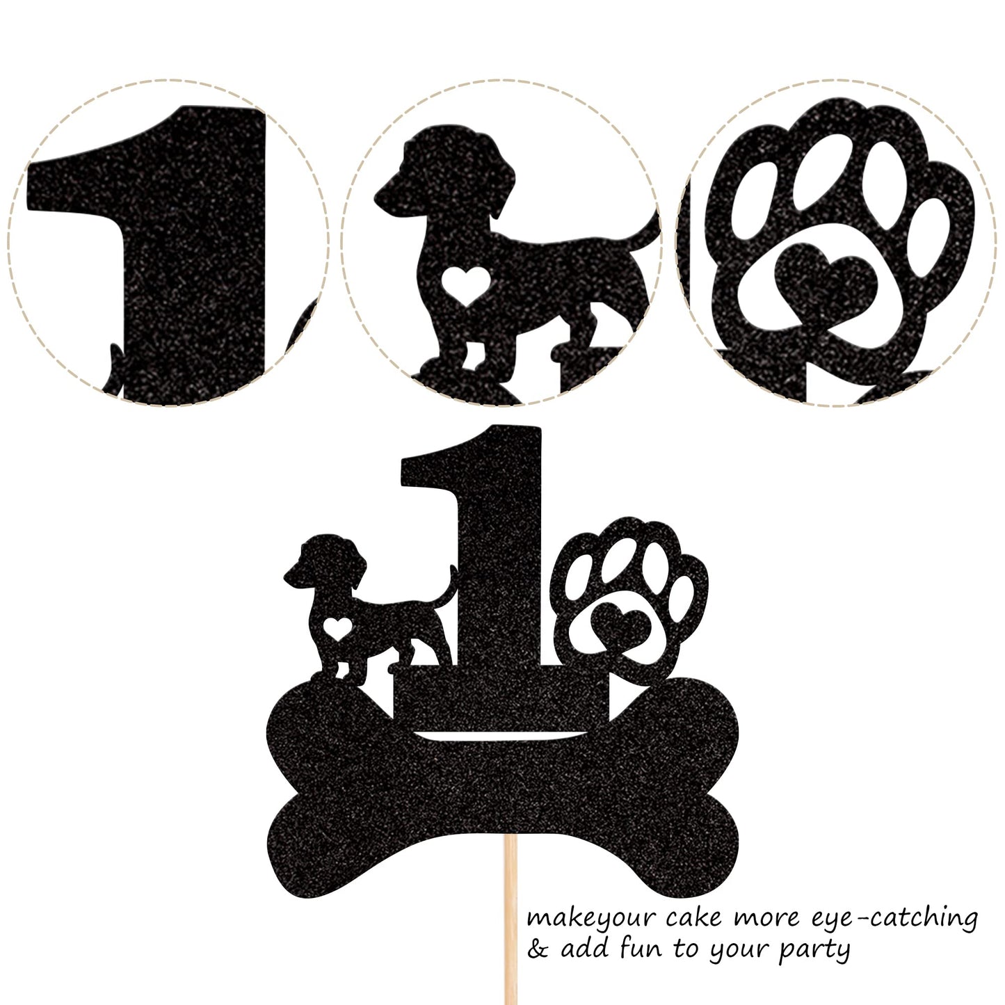 1 Pcs 1St Birthday Cake Topper Black Glitter Dog Paw One Year Old Birthday Puppy Dog Bone Cake Pick For Let'S Pawty Baby Shower
