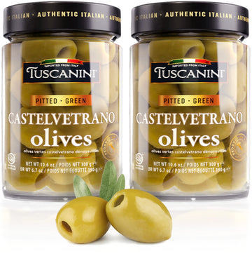Tuscanini Premium Italian Castelvetrano Green Pitted Olives 10.9oz (2 pack) | Mild & Smooth Flavor | Imported from Italy
