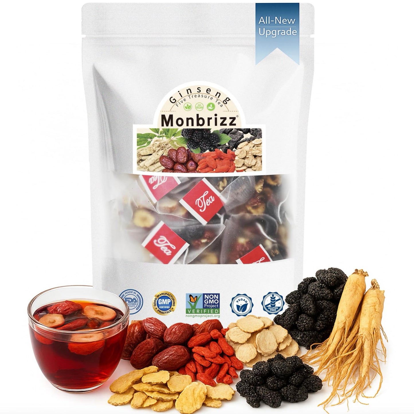 Monbrizz kidney tea formula Ginseng Six treasure tea te divina  maca root  Goji berries  turmeric kidney formula ginseng eight treasure Cleanse Detox Caffeine-Free Tea (60count)