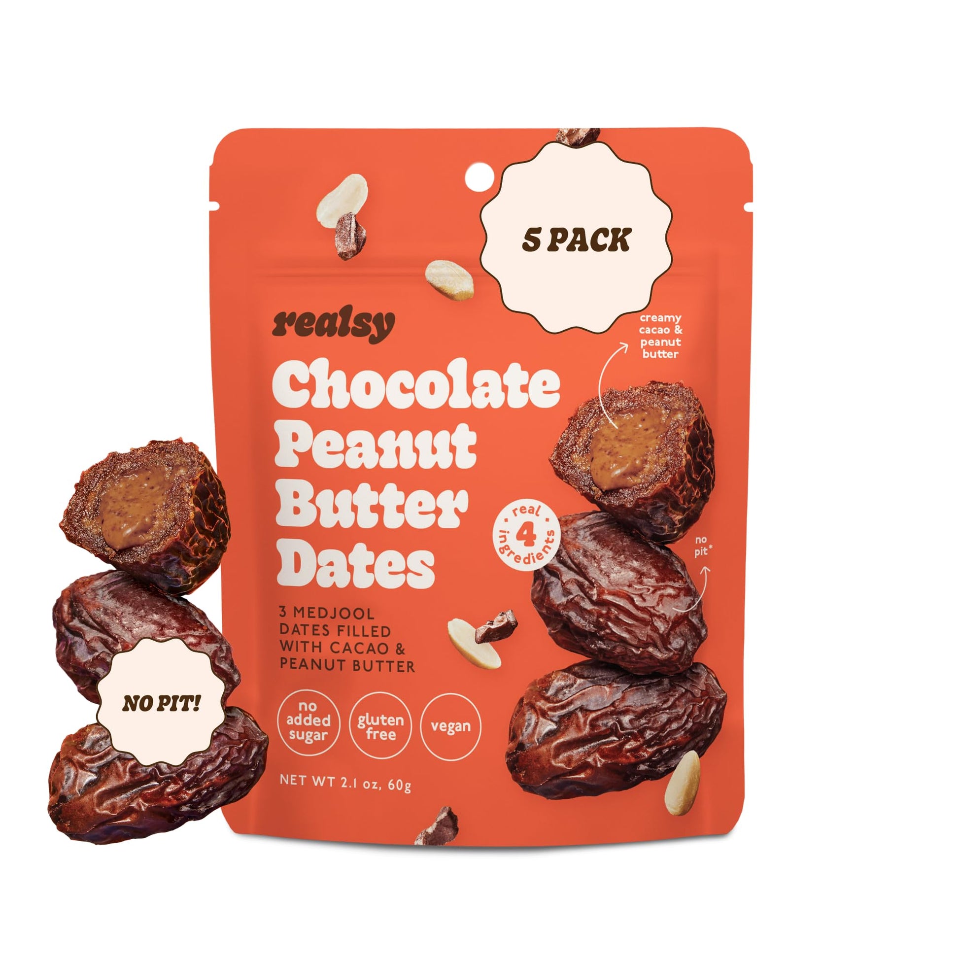 Realsy Organic Pitted & Stuffed Medjool Dates, Vegan, Gluten-Free, Peanut Butter Chocolate 5 Pack