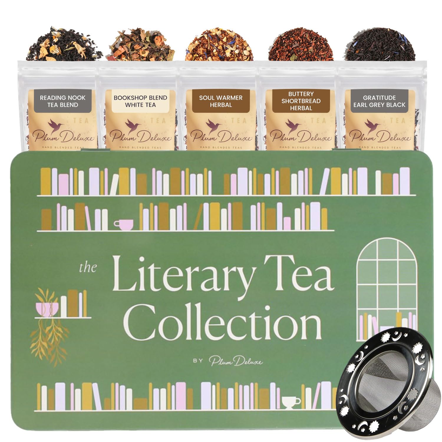 Plum Deluxe Literary Tea Collection Gift Set - Assorted Hand-Crafted Loose Leaf Teas with Steeper - 75+ Cups