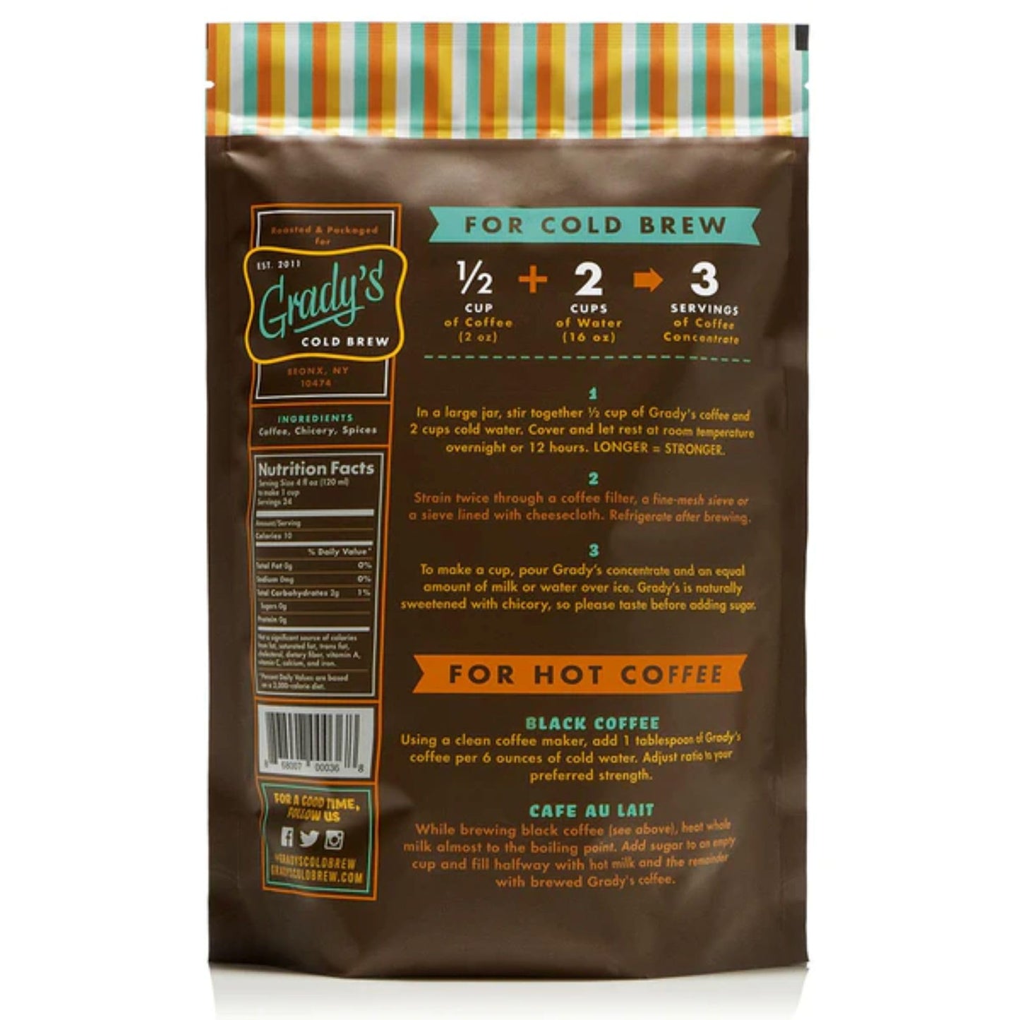 Gradys Cold Brew New Orleans Style Coffee, 100% Arabica Medium Dark Roast, Ground for Hot Coffee & Cold Brew, 16 Ounce Bag