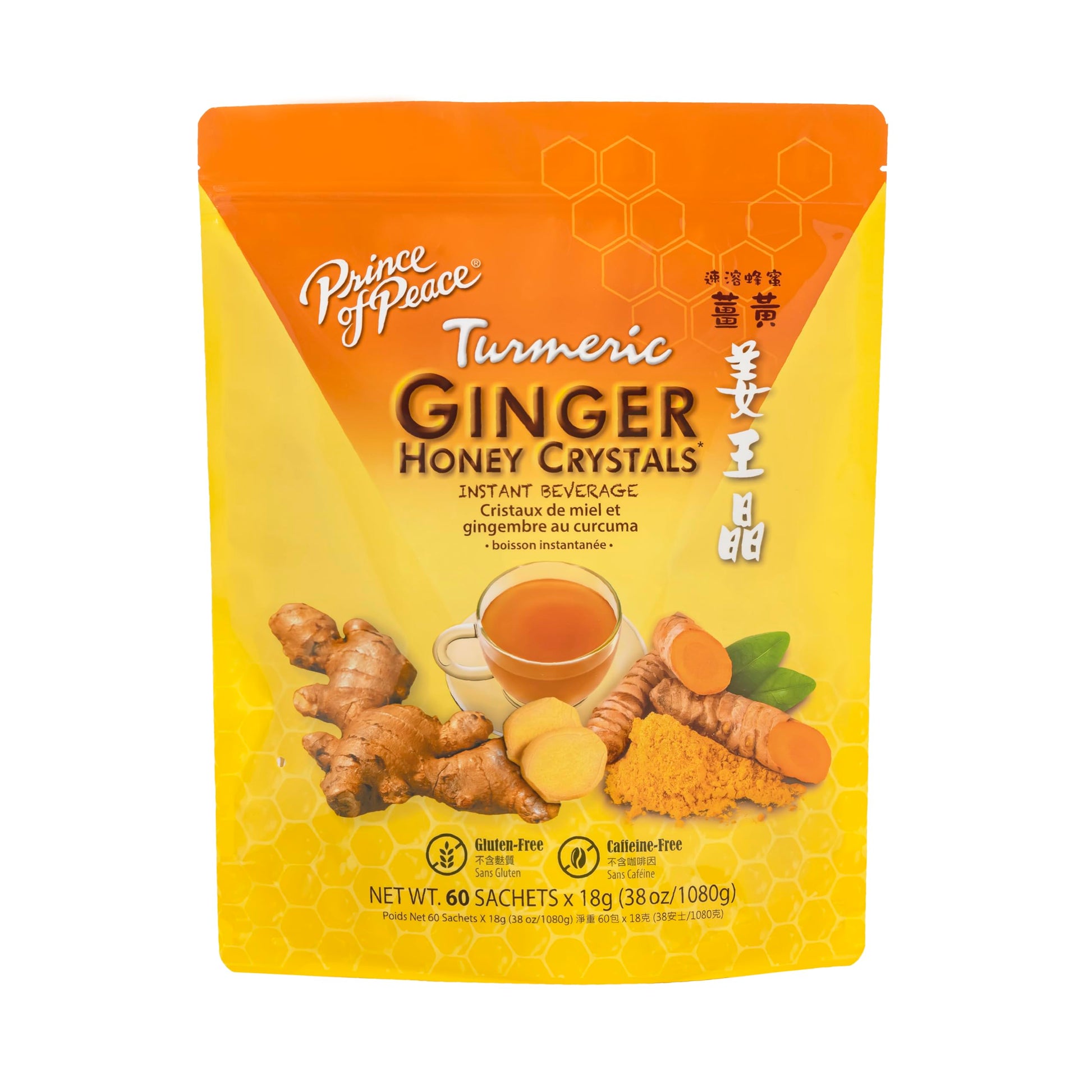 Prince Of Peace Instant Ginger Honey Crystals with Turmeric, 60 Sachets, Caffeine Free, 38oz (1080g), Yellow, Model POPGHCTURMERICP60-FF