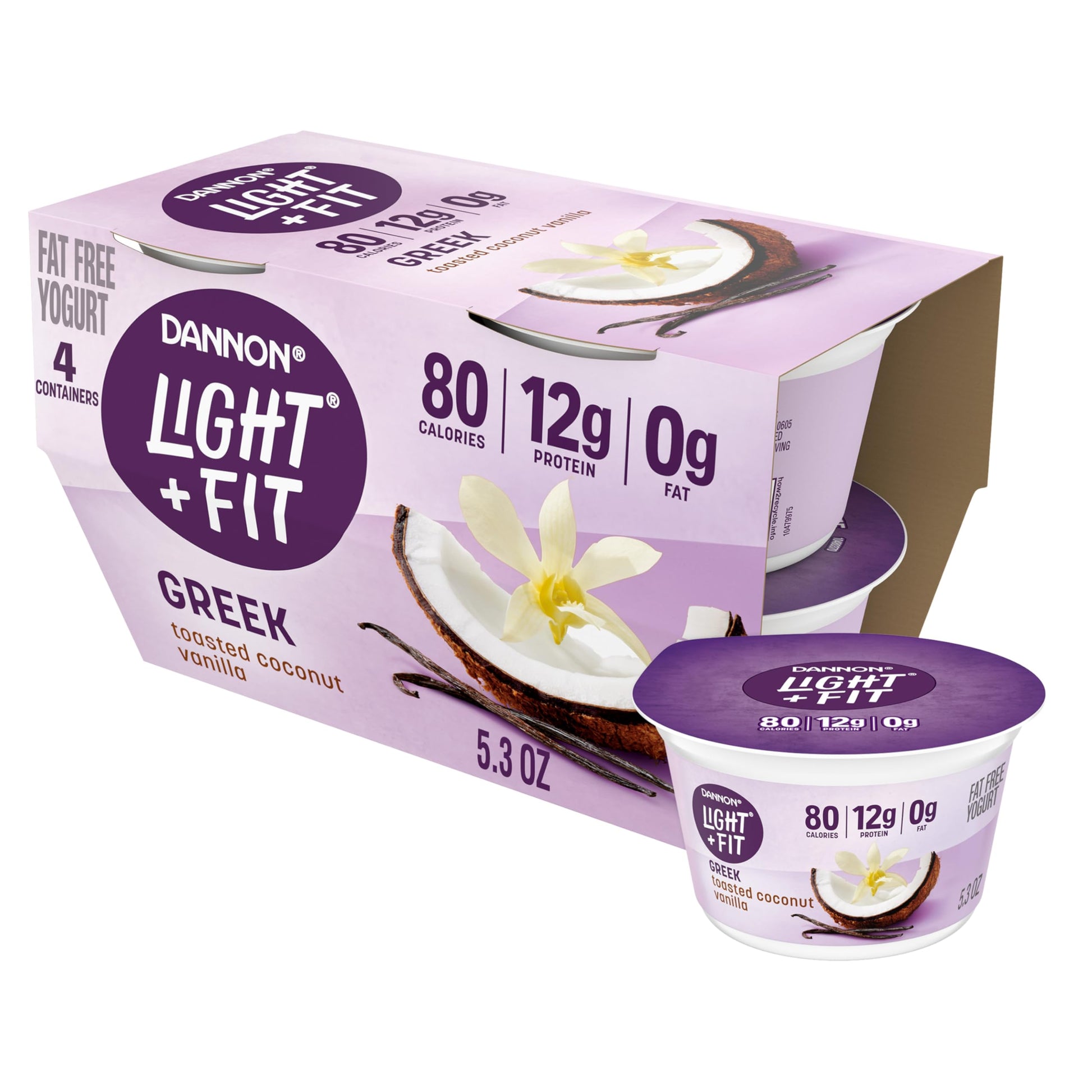 Dannon Light + Fit Greek Toasted Coconut Vanilla Fat Free Yogurt, Creamy and Delicious Gluten Free Yogurt, 4 Ct, 5.3 OZ Yogurt C