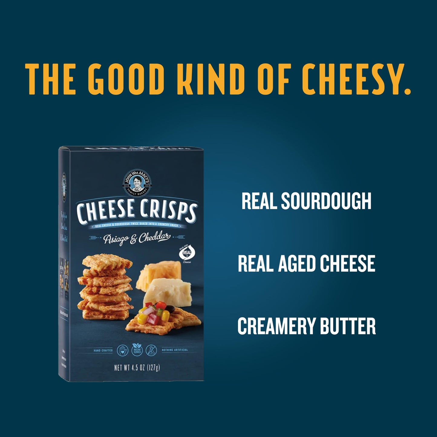 John Wm. Macy - Asiago & Cheddar CheeseCrisps - Hand Crafted, Non GMO, and Nothing Artificial - Made with Real Cheese - 4.5 oz.