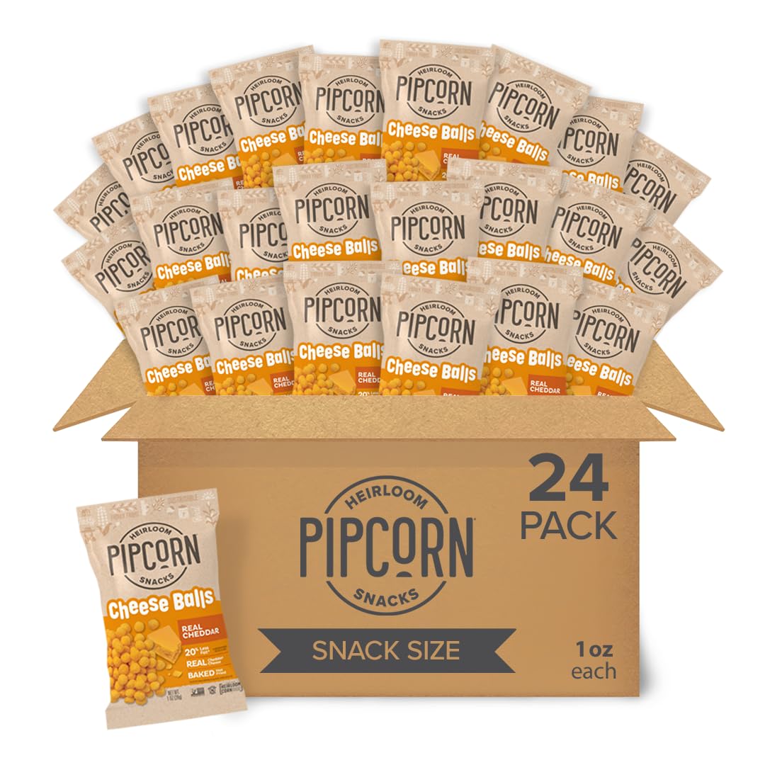 Heirloom Cheddar Cheese Balls By Pipcorn - Cheddar 1Oz 24Pk - Healthy Snacks  Gluten Free Snacks  Snack Packs  Heirloom Corn  Baked Not Fried  Individually Wrapped