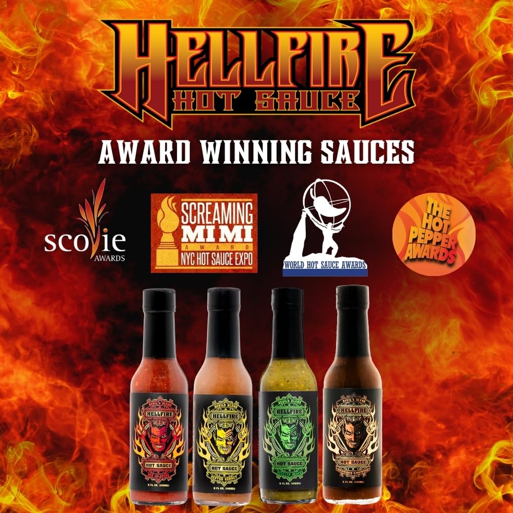 Hellfire Hot Sauce Devils Blend Gift Pack - Gourmet Hot Sauce Variety Pack With 4 Spicy Flavors (Four 5 oz. Bottles)