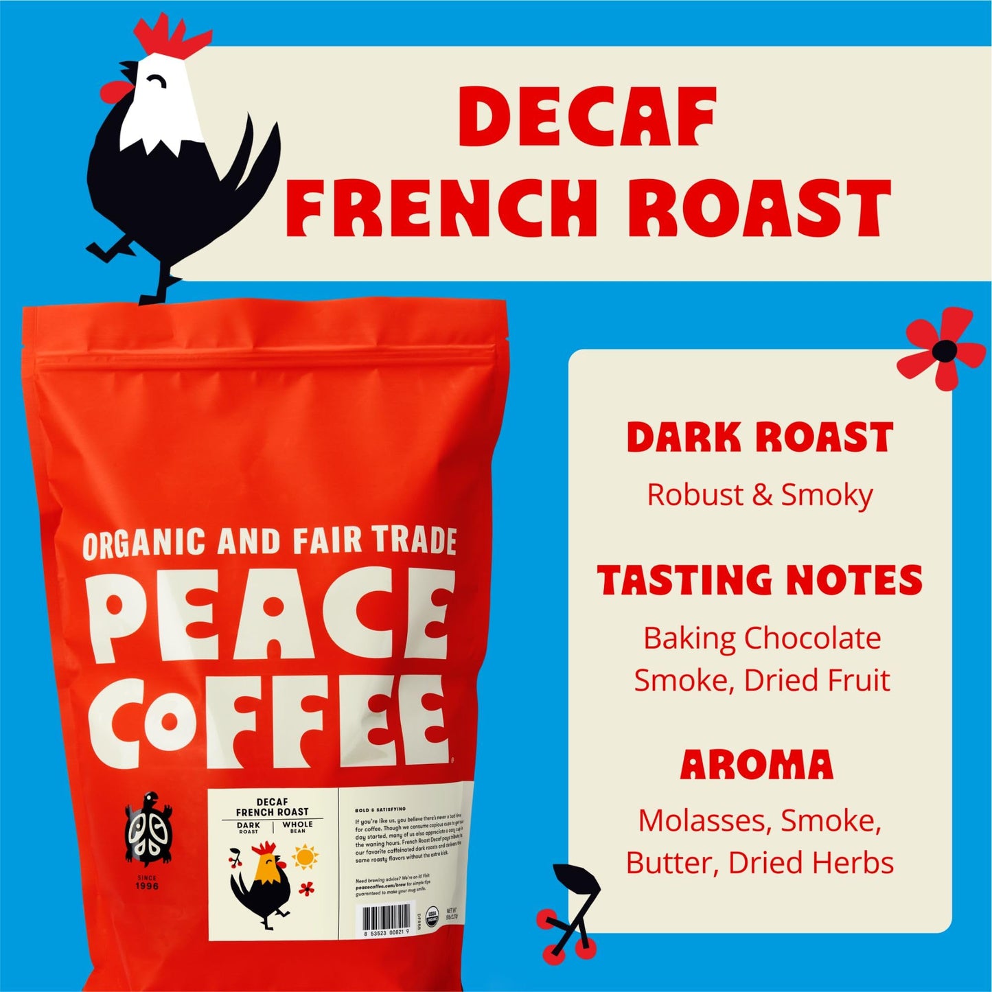 Peace Coffee Decaf French Roast, Organic Fair Trade Whole Bean Coffee, 5lb Bag