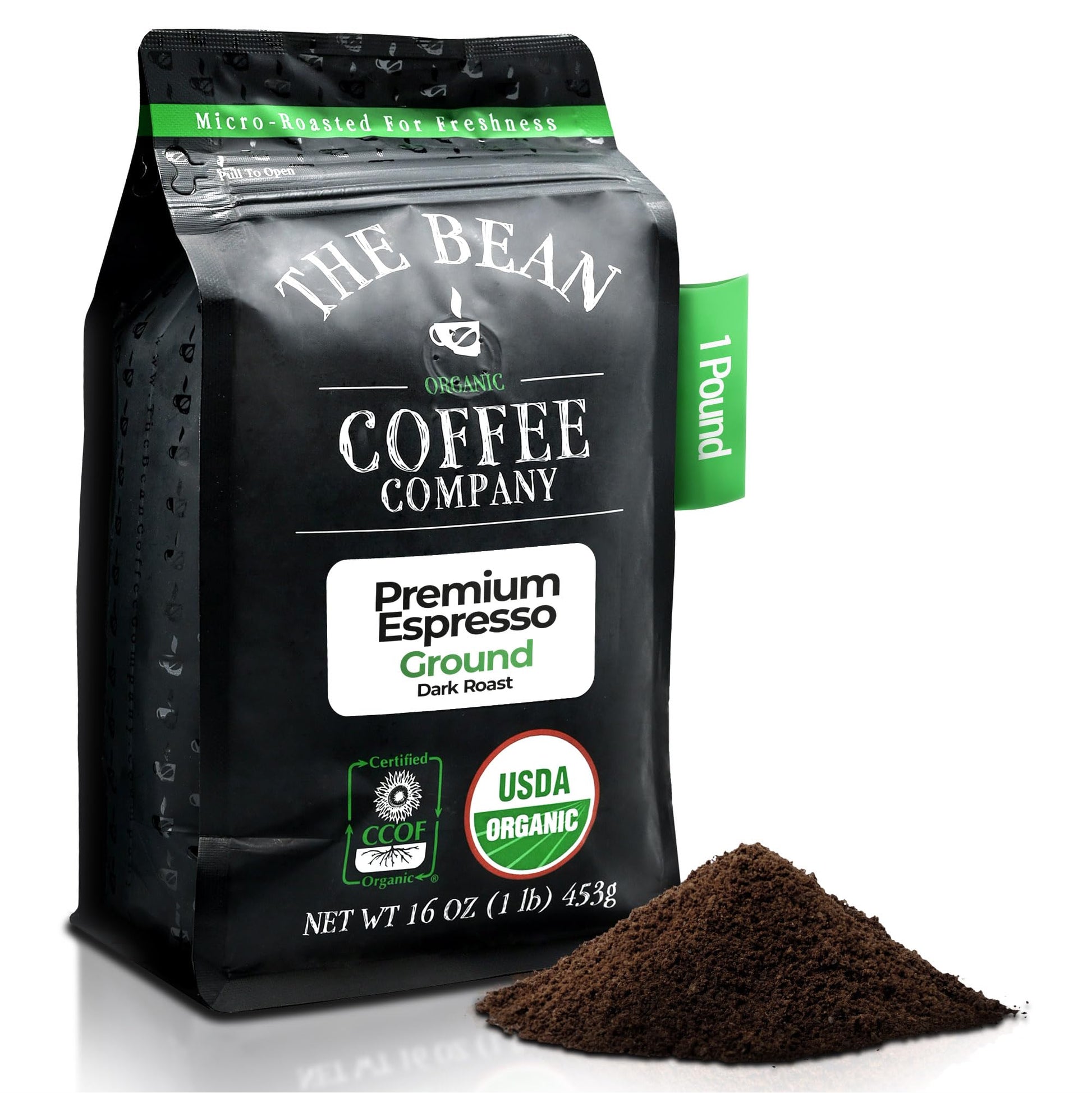 The Bean Organic Coffee Company Premium Espresso, Dark Roast, Ground Coffee, 16-Ounce Bag, Café Molido Tostado Orgánico
