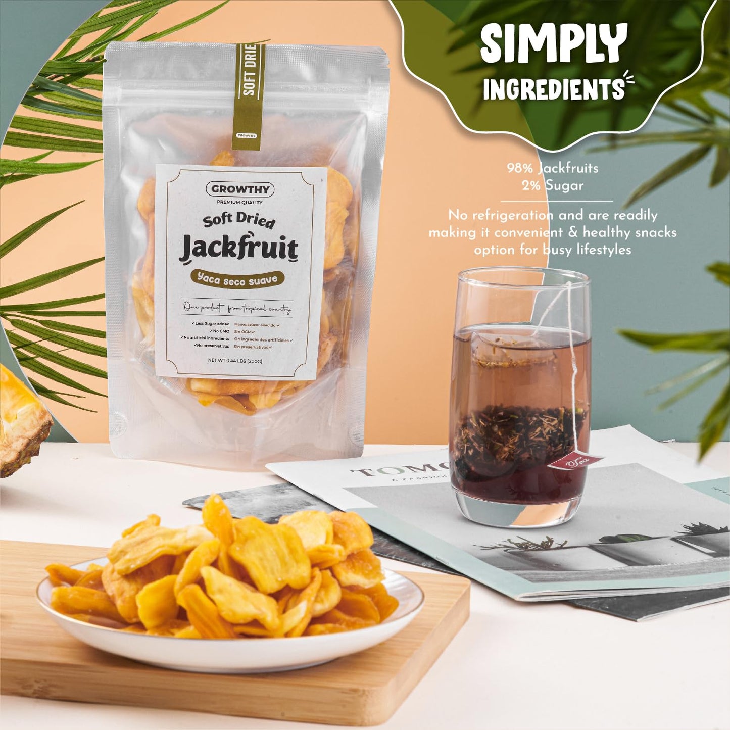 GROWTHY Soft Dried Jackfruit Chips – Healthy Snack, Gluten-Free, Vegan, 200g Resealable Bag