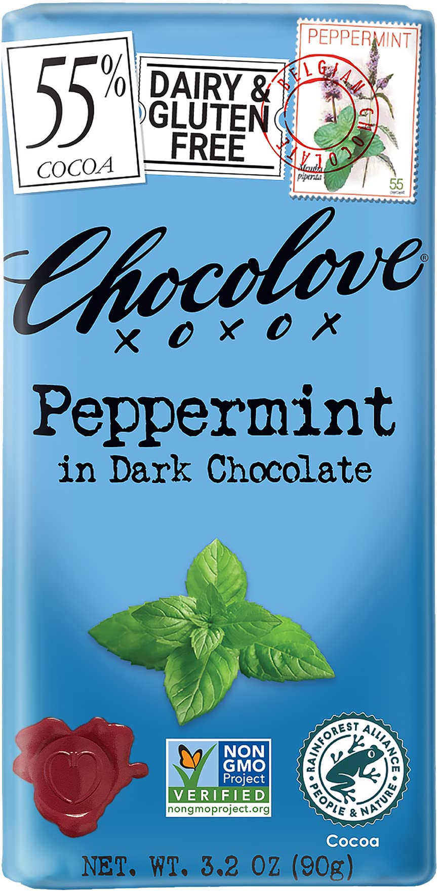 Chocolove Dark Chocolate Peppermint Bars, 55% Cacao, 6 Count, Non-GMO, Rainforest Alliance Certified, 3.2oz Each