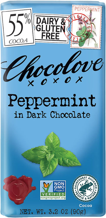 Chocolove Dark Chocolate Peppermint Bars, 55% Cacao, 6 Count, Non-GMO, Rainforest Alliance Certified, 3.2oz Each