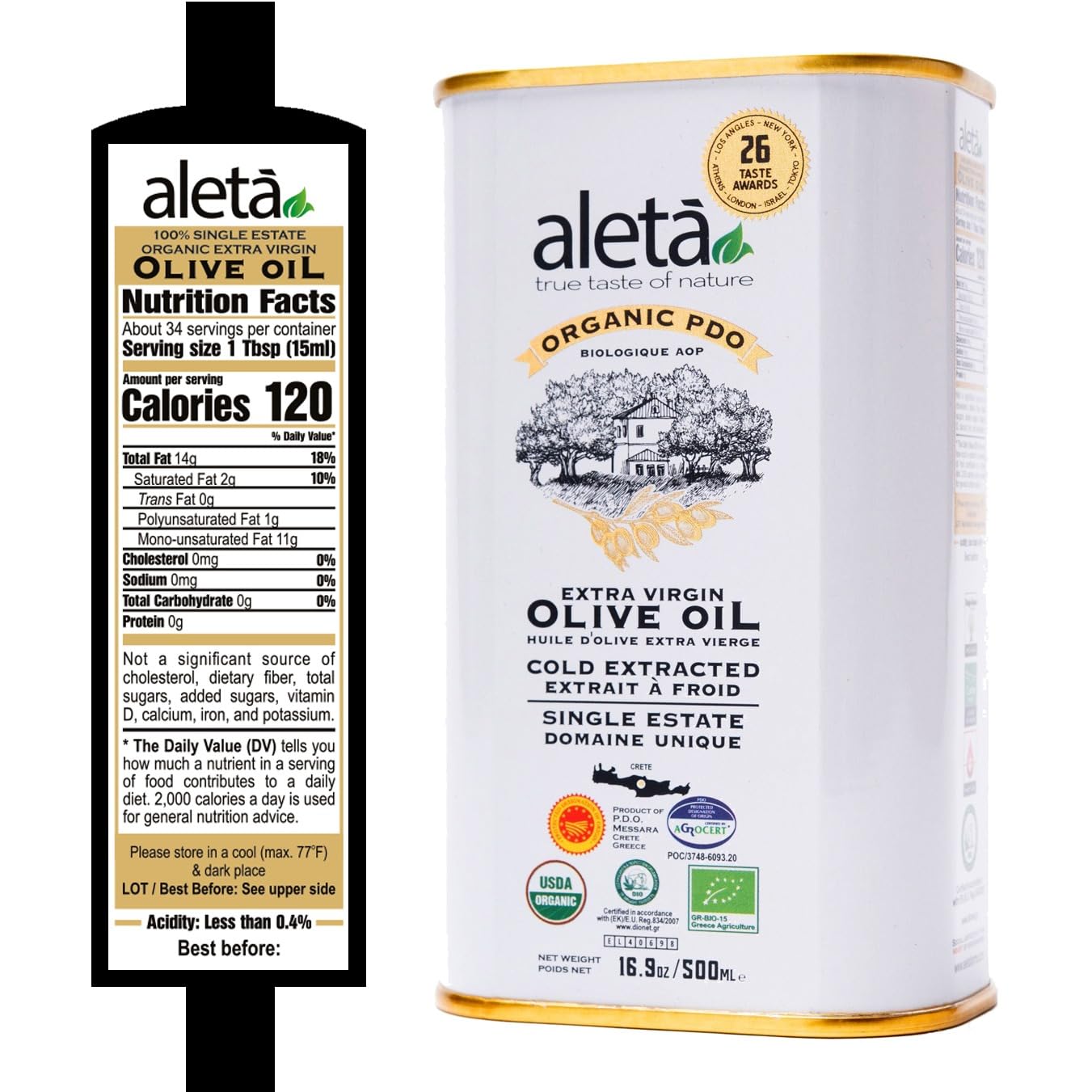Aleta Olive Oil Extra Virgin, USDA Organic, Cold Pressed, 16.9 Fl Oz