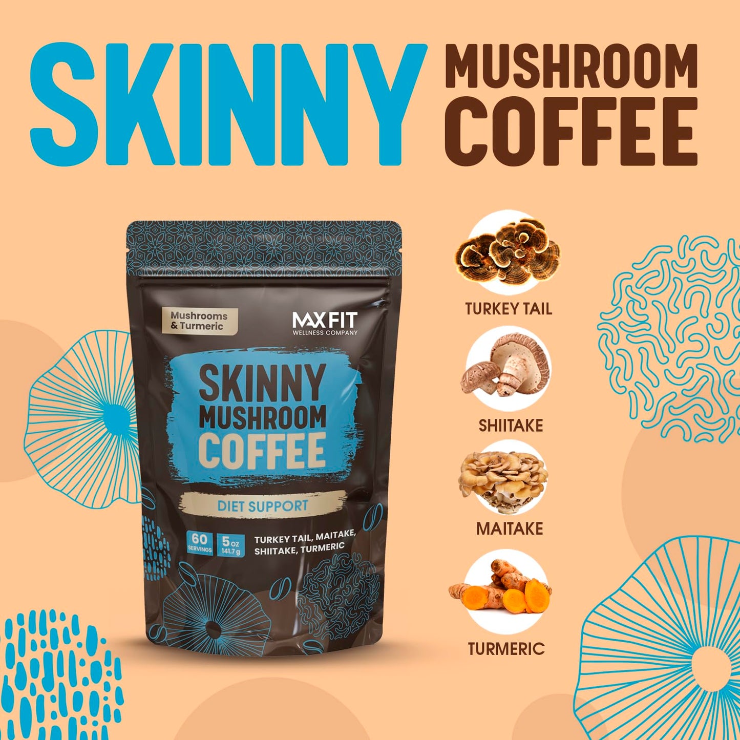 Skinny Instant Mushroom Coffee (60 Servings) Mental Focus Plus Diet Support - Turkey Tail, Maitake, Shiitake & Turmeric, Mixed W
