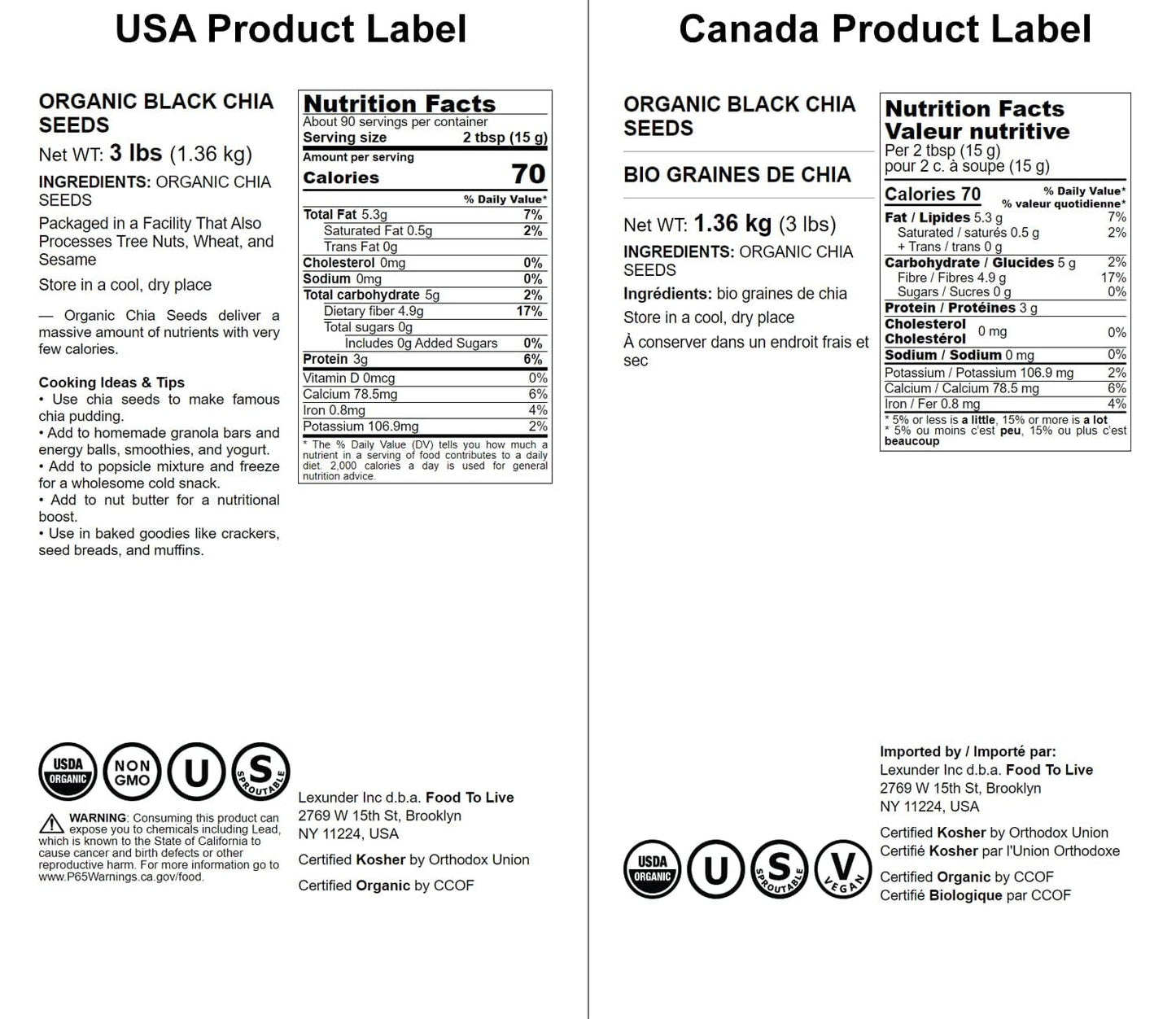 Food to Live - Organic Black Chia Seeds, 3 Pounds - Non-GMO, Whole, Sproutable, Vegan, Kosher, Keto, Sirtfood, Bulk. Rich in Ess