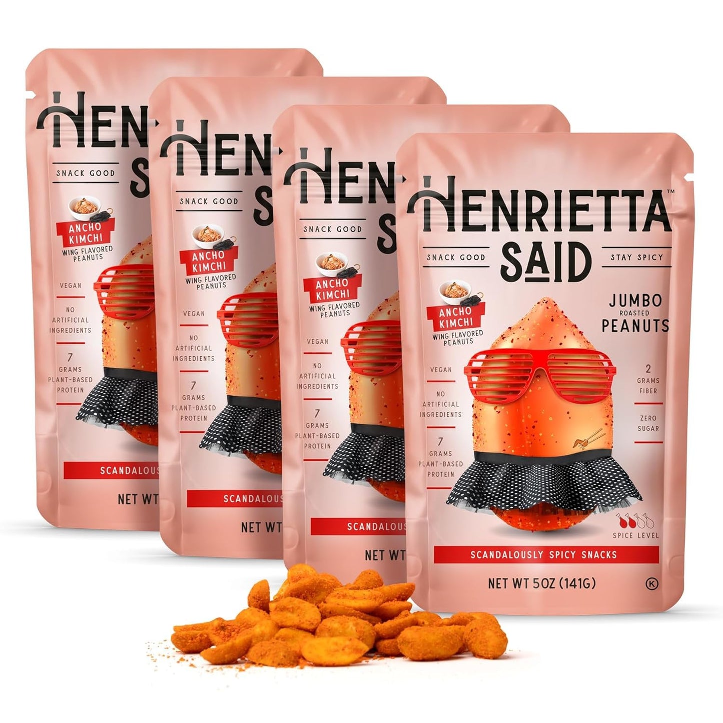 Henrietta Said Wing-Flavored Peanuts - Truly Good Foods Snacking Nuts - Bold Flavors - Savory & Spicy - Jumbo Flavored Peanuts - Protein Packed Vegan Snack - 4 (5-Oz) Packs - Ancho Kimchi