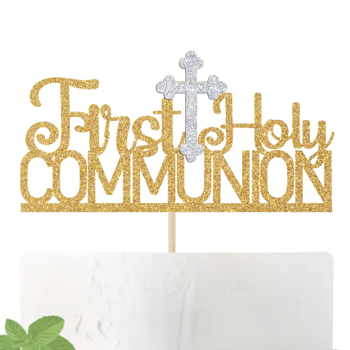 OASISGUEST First Communion Cake Topper, Gold Glitter, 2.76 x 0.04, Baptism Decoration for Kids, Baby Shower, First Birthday