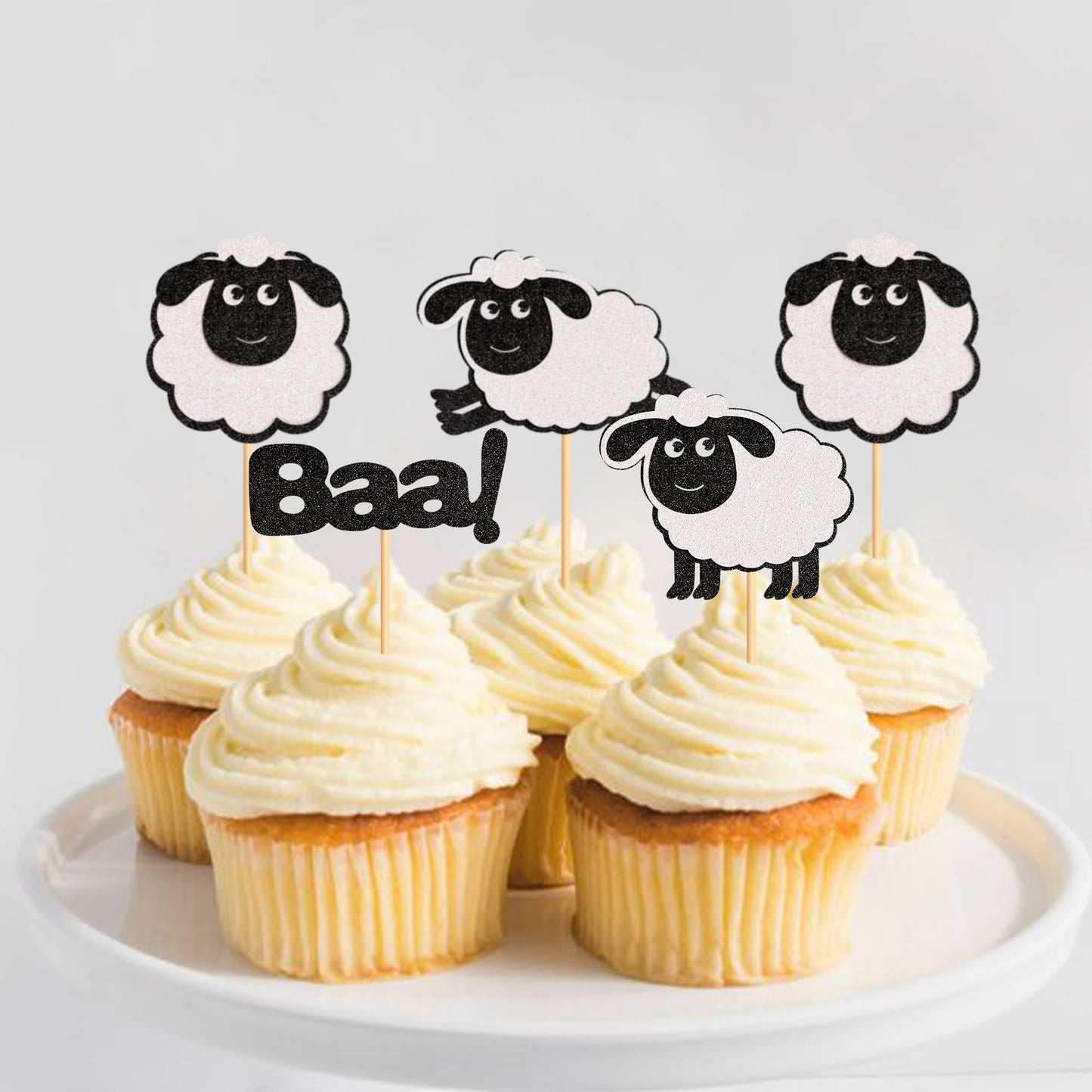Ercadio 24 Pack Sheep Cupcake Toppers Black Glitter Farm Animals Cupcake Picks Sheep Baa Cupcake Decors Sheep Theme Baby Shower