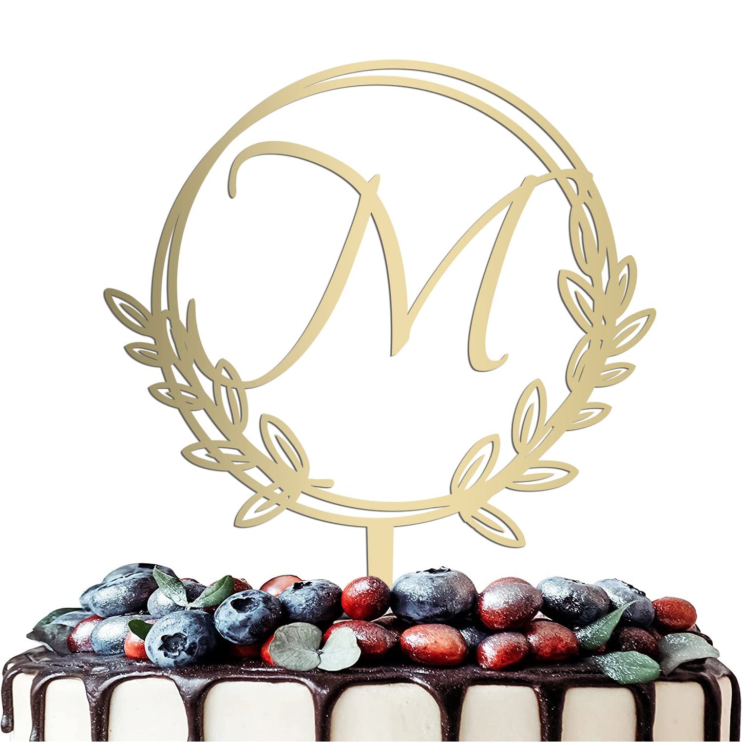 Vinisong Wooden Cake Topper, Personalized Initial Letter M, Golden Wreath Decoration for Birthdays and Weddings, Model JHN20092901