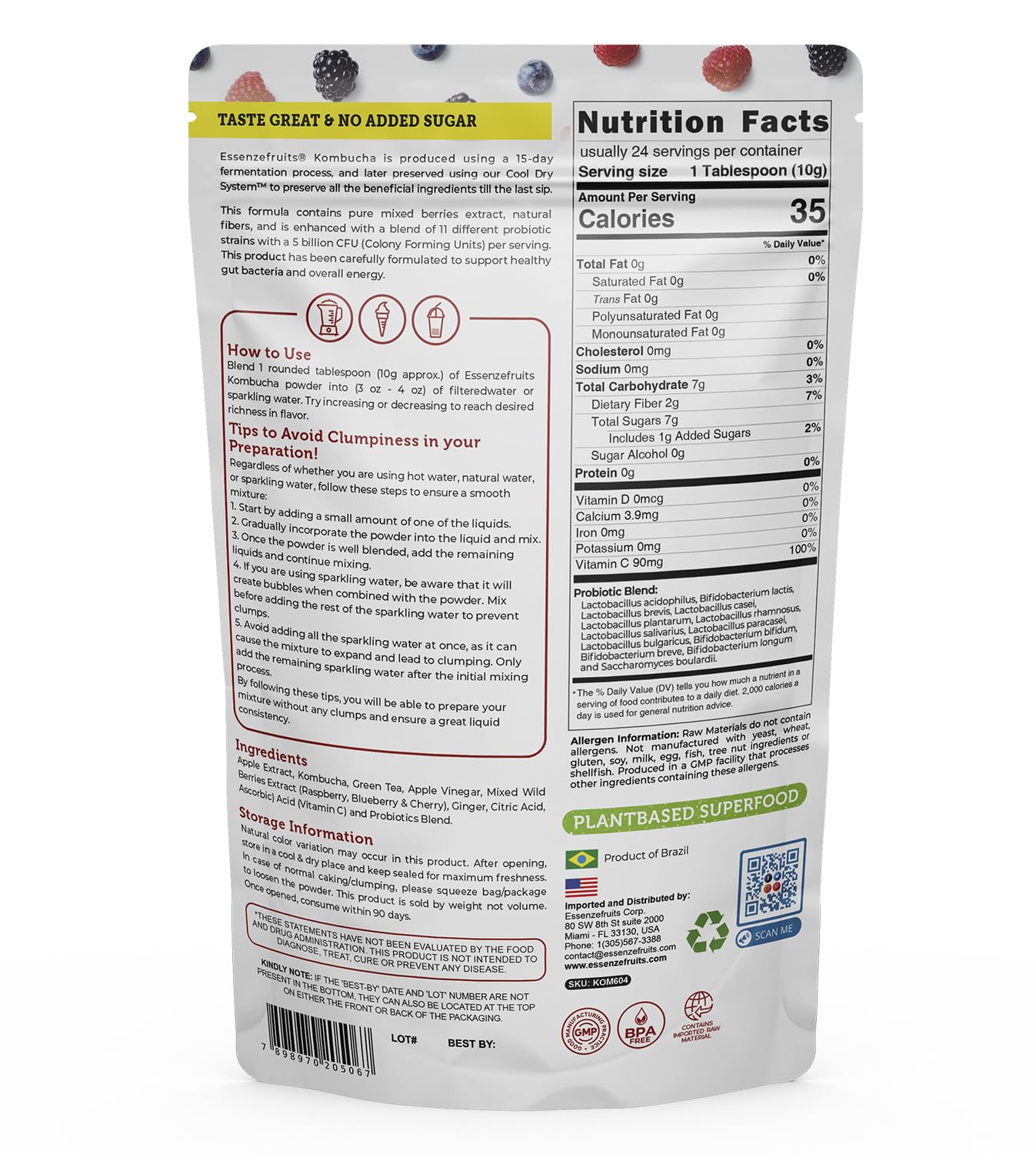 Essenzefruits Red Berries Kombucha Tea Powder Mix Beverage - Sugar Free, Fermented & Dried - Just Add Water! Live Probiotics & P
