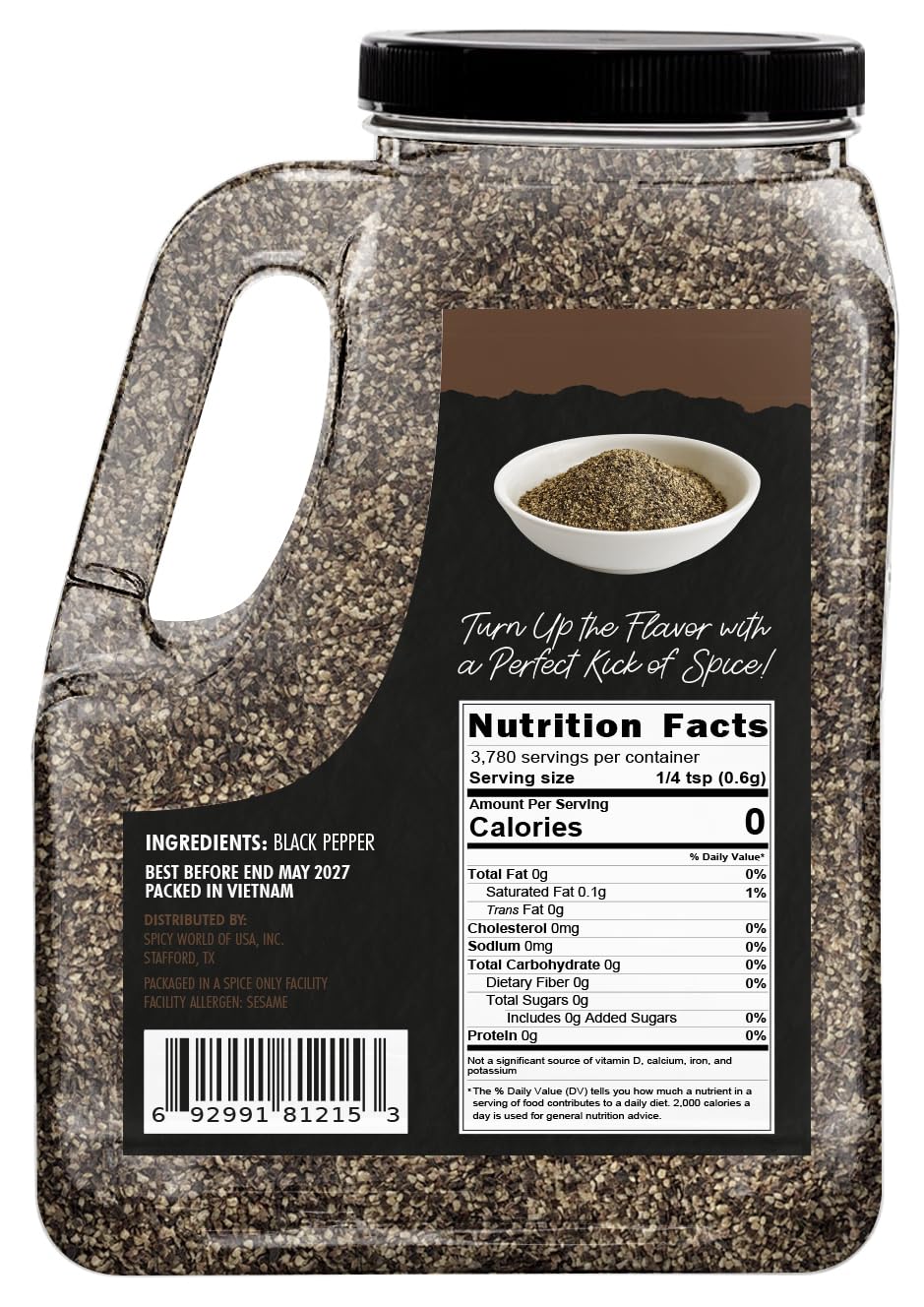 Black Pepper Ground Coarse 5 LB Bulk Jar Butcher Grind #12 - enhanced Ground Black Peppercorns  All Natural  Gluten Free  Steam Sterilized - Restaurant Supply & BBQ Seasoning by Spicy World