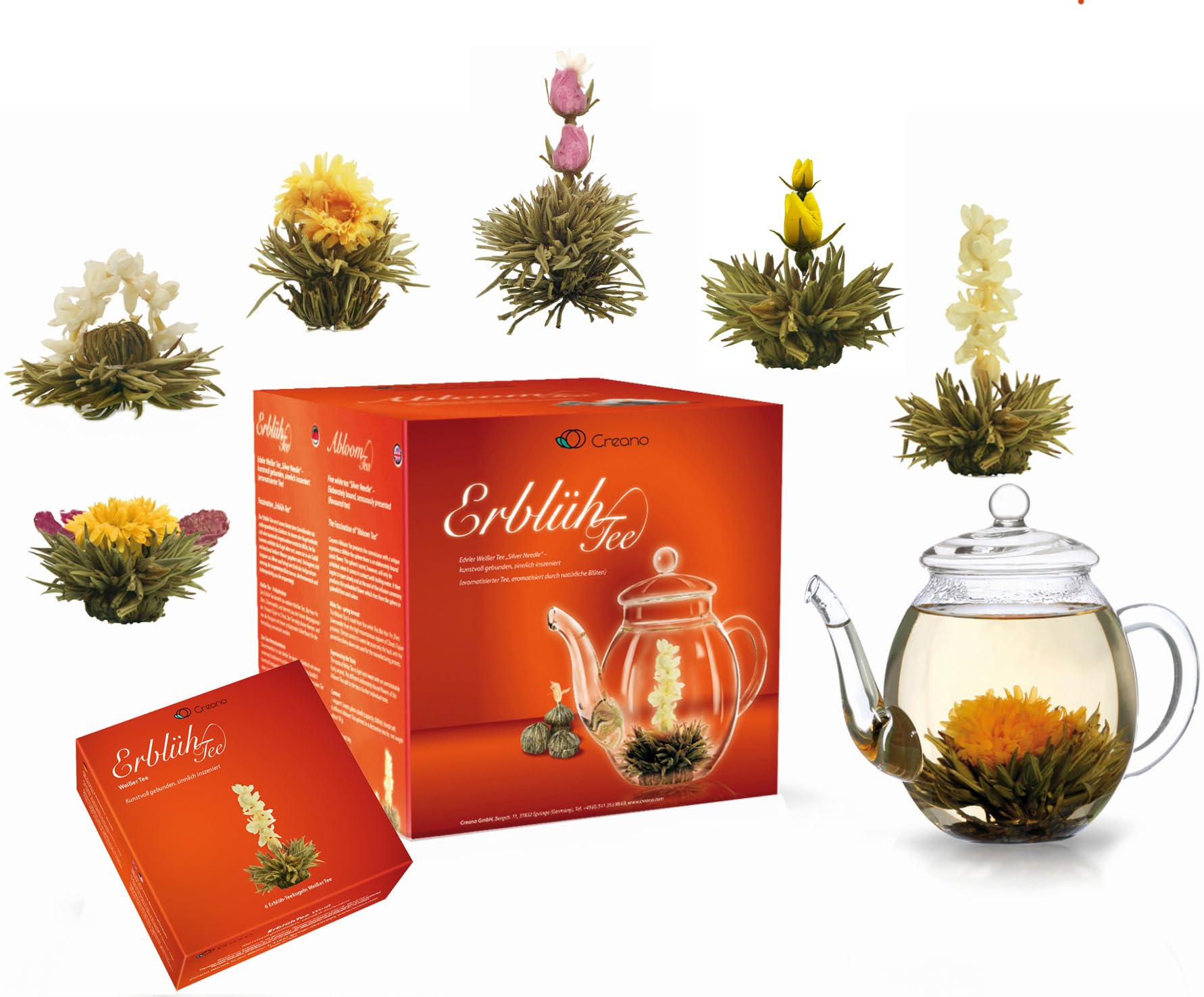 Creano Flowering Tea Gift Set - 7 Piece Set with 6 Blooming White Teas & 17oz Glass Teapot