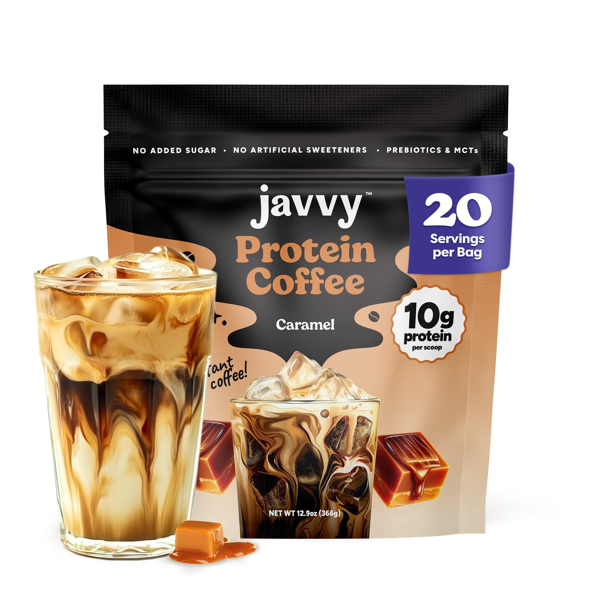 Caramel Protein Iced Coffee - enhanced Whey Protein & Instant Iced Coffees - 100% Natural Cold Brew - Zero Artificial Flavors & Sweeteners  80 mg Caffeine Per Serving  No Added Sugar  20 Servings