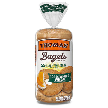 Thomas 100% Whole Wheat Bagels, 6 Pre-Sliced Bagels with No High Fructose Corn Syrup, 20 Oz
