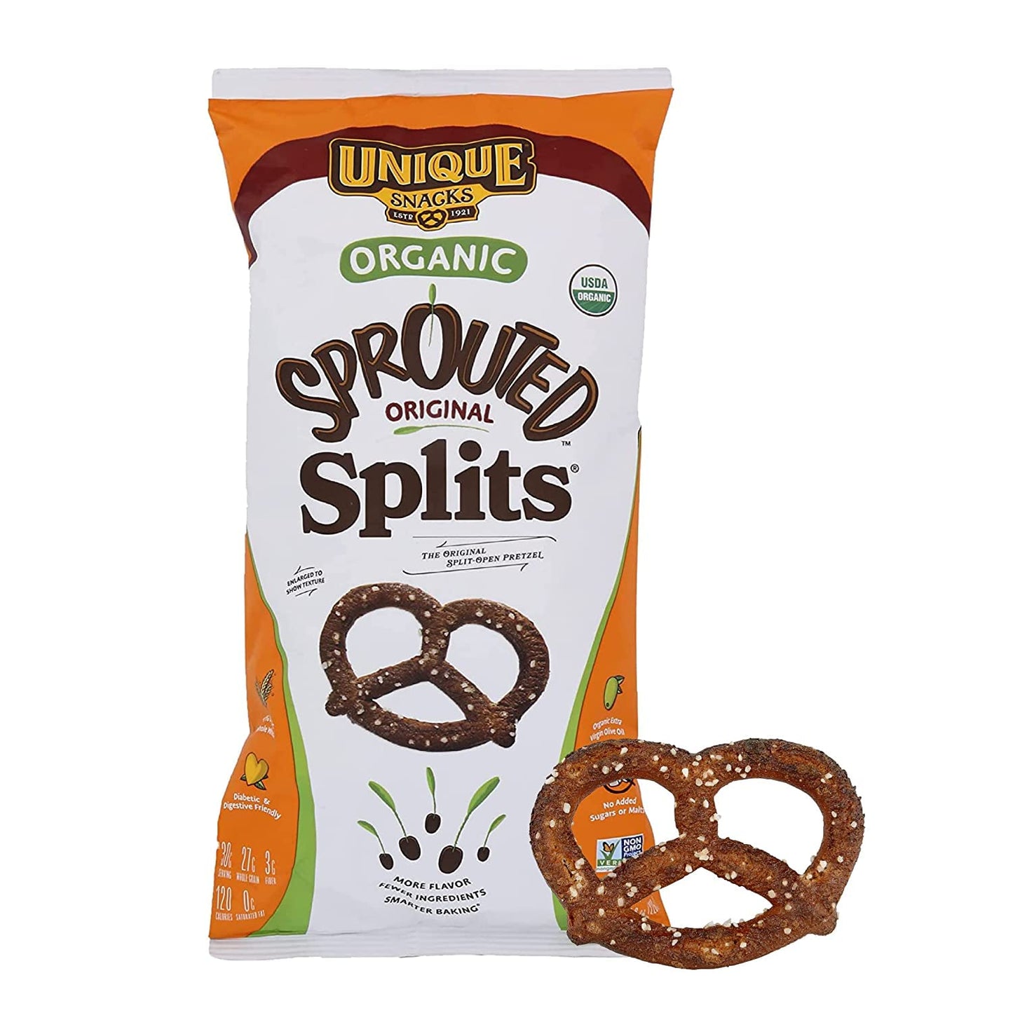 Unique Snacks Sprouted Splits Pretzels, Non-GMO, OU Kosher, 8 Oz. Bag, Pack of 6
